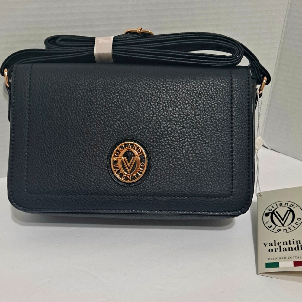 Valentino Orlandi Black Pebbled Crossbody Bag with Gold Accents NWT